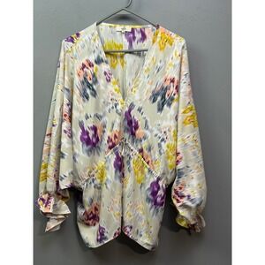 Entro Abstract Print V Neck Tie Waist Blouse Top Women's Size L